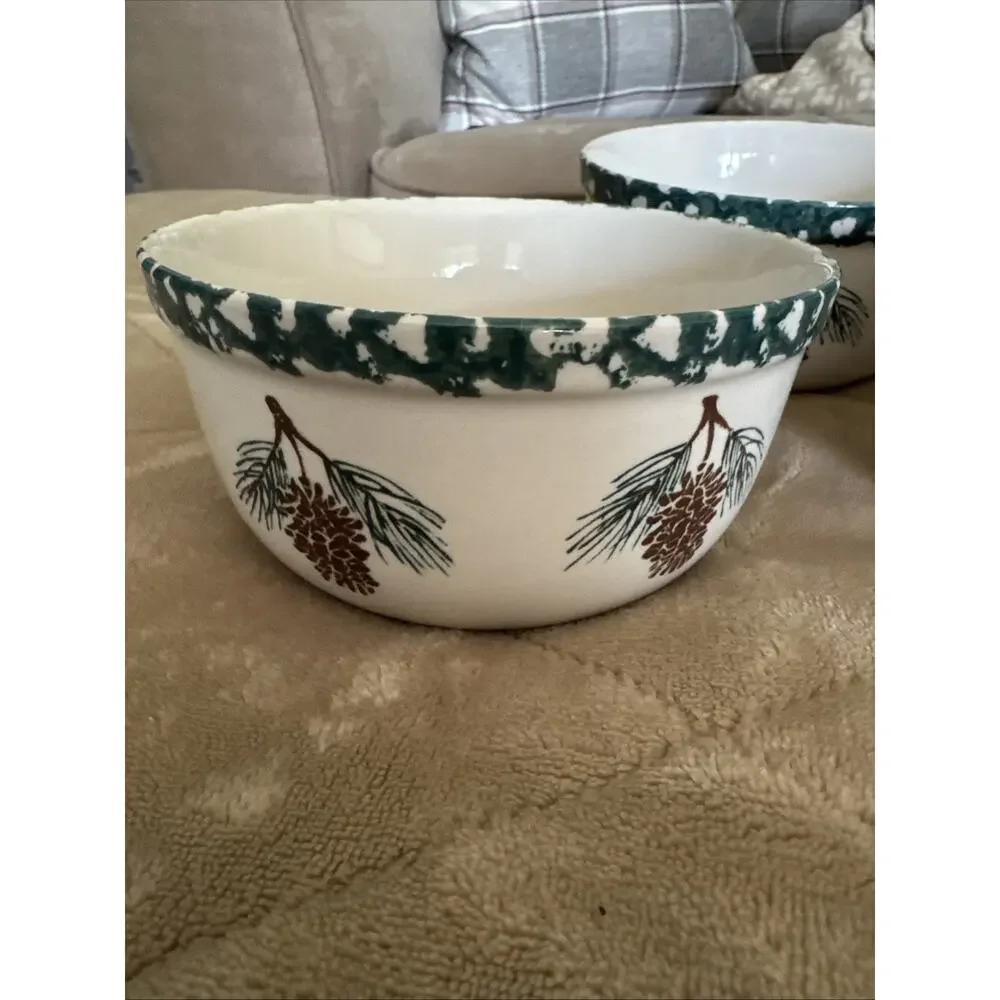 Tienshan Folk Craft Soup/Cereal Bowls Pine Cone Stoneware Spongeware Set Of 3